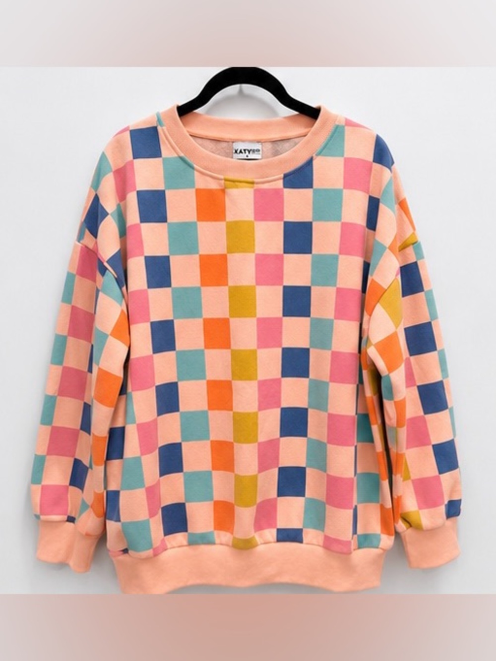 Katydid Pastel Checkerboard Sweatshirt XL Oversized Cozy Preppy Pullover
